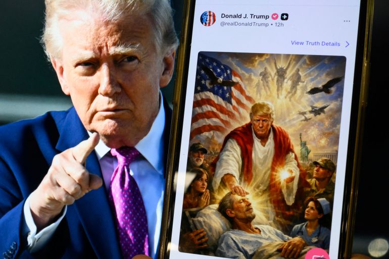 TOPSHOT - This photo illustration created on April 13, 2026 shows a picture of US President Donald Trump on a screen and an AI-generated picture he posted on his Truth Social platform depicting himself as Jesus Christ after criticizing Pope Leo XIV.