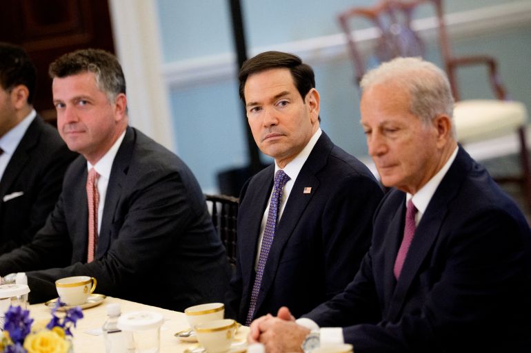 WASHINGTON, DC - APRIL 14: U.S. Secretary of State Marco Rubio (C), accompanied by U.S. State Department Counselor Michael Needham (L), and U.S. Ambassador to Lebanon Michel Issa (R), begin working-level peace talks with Lebanese Ambassador to the U.S. Nada Hamadeh Moawad and Israeli Ambassador to the U.S. Yechiel Leiter at the U.S. State Department on April 14, 2026 in Washington, DC. In their first direct diplomatic talks in more than 30 years, Lebanon and Israel are preparing negotiations to potentially end Israel's conflict with the Lebanese militia Hezbollah. Andrew Harnik/Getty Images/AFP (Photo by Andrew Harnik / GETTY IMAGES NORTH AMERICA / Getty Images via AFP)