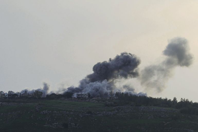 A photograph taken from the southern Lebanese area of Marjeyoun shows smoke as it rises from the site of an Israeli airstrike that targeted the village of Arnoun on April 15, 2026.