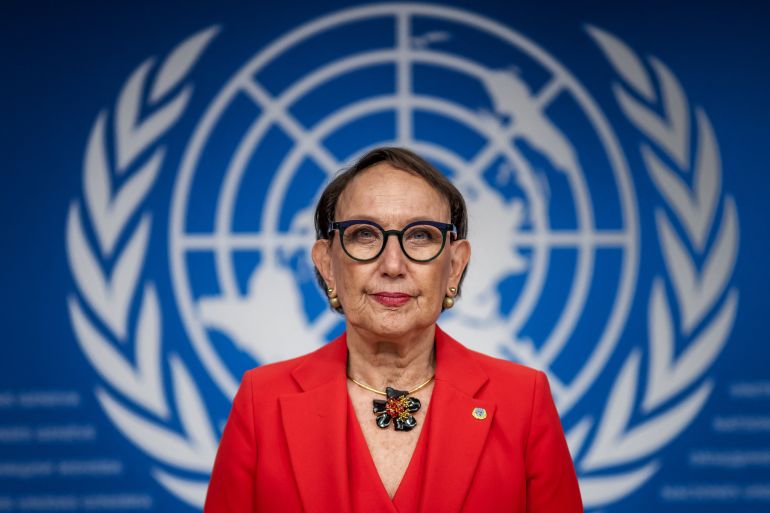 (FILES) Secretary-General of the United Nations Trade and Development (UNCTAD) Rebeca Grynspan looks on prior to a press conference ahead of the 16th UN conference on trade and development, in Geneva, on October 13, 2025.