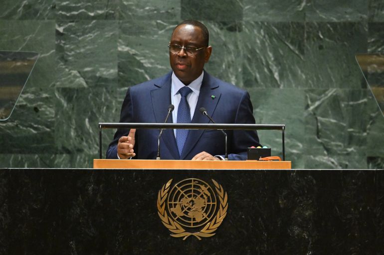 (FILES) Senegal's President Macky Sall addresses the 78th United Nations General Assembly at UN headquarters in New York City on September 19, 2023.