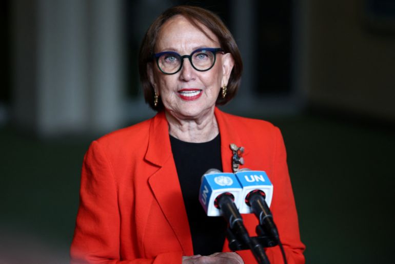 Costa Rican economist and former Second Vice President Rebeca Grynspan speaks to the press following her hearing to be considered as the next Secretary-General of the United Nations at UN Headquarters in New York on April 22, 2026.