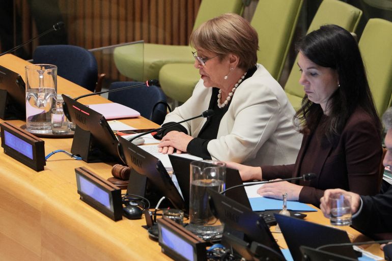 NEW YORK, NEW YORK - APRIL 21: Former Chilean President Michelle Bachelet speaks during an informal dialogue for the candidacy position of the next Secretary-General at the United Nations headquarters on April 21, 2026 in New York City. The four candidates to be the next secretary-general of the United Nations will be auditioning to replace outgoing UN Secretary-General António Guterres. Michael M. Santiago/Getty Images/AFP (Photo by Michael M. Santiago / GETTY IMAGES NORTH AMERICA / Getty Images via AFP)