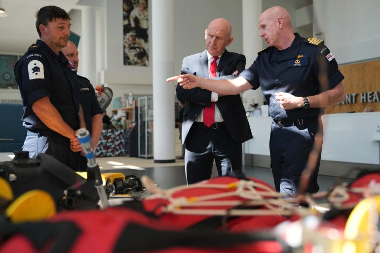 Britain's Defence Secretary John Healey is shown mine countermeasure equipment during a 'Strait of Hormuz Military Planning Conference' at the Permanent Joint Headquarters at Northwood, north-west London on April 23, 2026. (Photo by Alastair Grant / POOL / AFP)