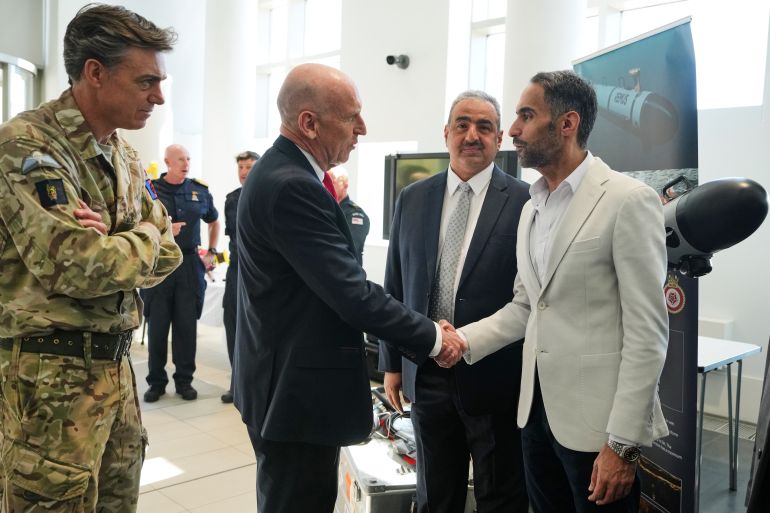 Britain's Defence Secretary John Healey meets members of the military from the Gulf region during a 'Strait of Hormuz Military Planning Conference' at the Permanent Joint Headquarters at Northwood, north-west London on April 23, 2026. (Photo by Alastair Grant / POOL / AFP)