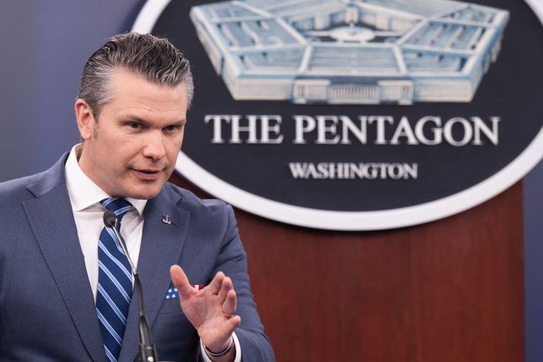 US Secretary of Defense Pete Hegseth speaks during a press briefing at the Pentagon in Washington, DC, on April 16, 2026.