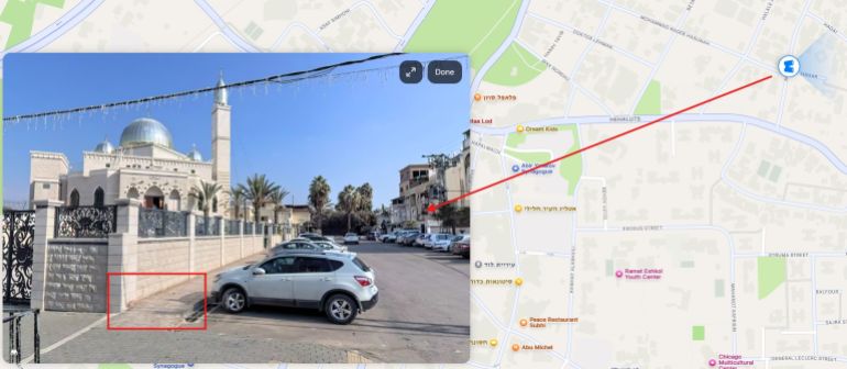 alnor-1775625717 الموقع الجغرافي لسقوط الصاورخ أمام مسجد النور بمدينة اللد ( خرائط أبل)