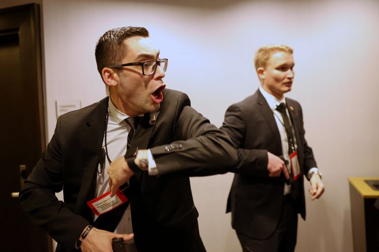 ap26116030684114-1777165764 Secret service agents respond during the White House Correspondents Dinner, Saturday, April 25, 2026, in Washington. (AP Photo/Tom Brenner)