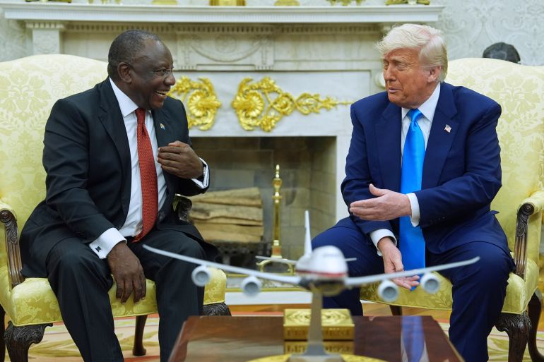 President Donald Trump meets South African President Cyril Ramaphosa in the Oval Office of the White House, Wednesday, May 21, 2025, in Washington. (AP Photo/Evan Vucci)