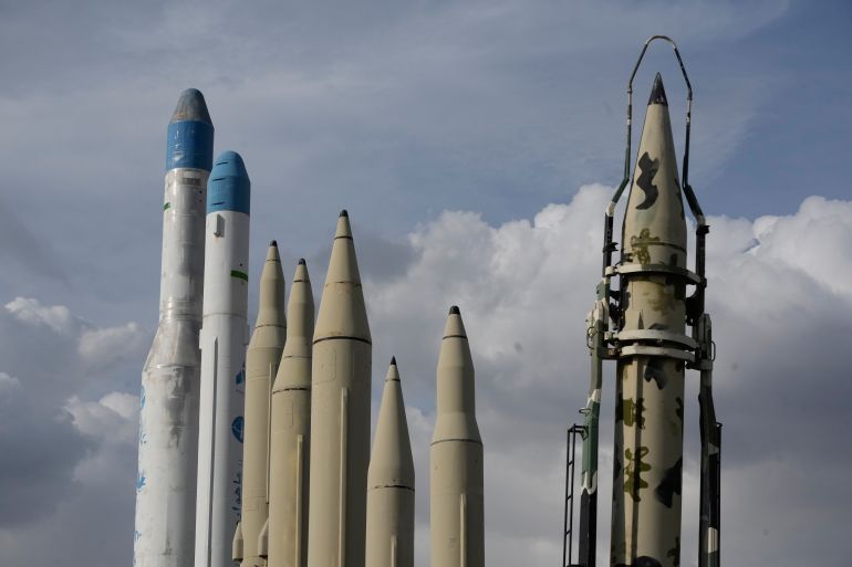 Iran's domestically built missiles and satellite carriers are displayed in a permanent exhibition at a recreational area in northern Tehran, Iran, Tuesday, March 24, 2026. (AP Photo/Vahid Salemi)