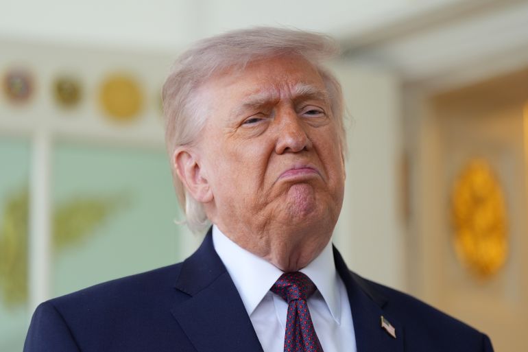 President Donald Trump speaks outside the Oval Office of the White House, Monday, April 13, 2026, in Washington. (AP Photo/Alex Brandon)