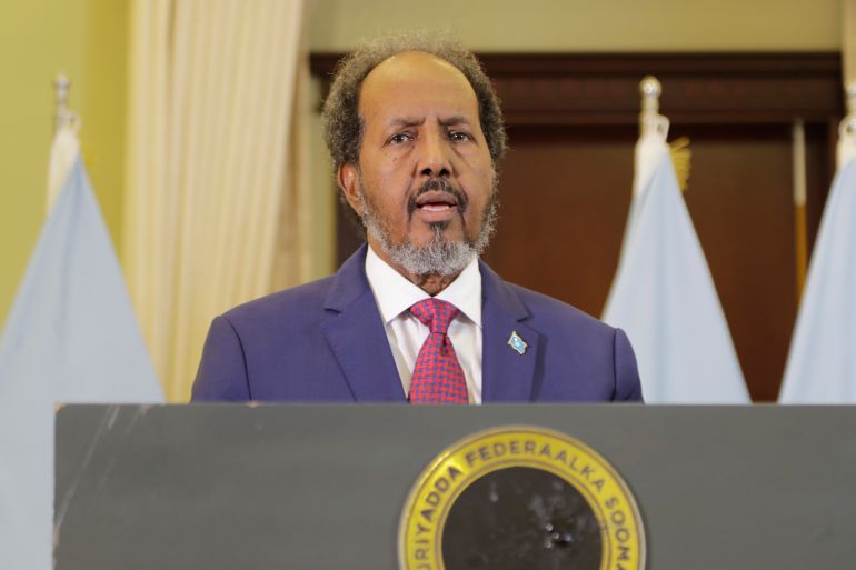 Somalia President Hassan Sheikh Mohamud addresses members of parliament in Mogadishu, Somalia, Wednesday, Feb 21, 2024. Somalia announced a defense deal with Turkey to deter Ethiopia's access to sea through a breakaway region. Ethiopia signed a memorandum of understanding with Somaliland on Jan. 1. The document has rattled Somalia, which said it's prepared to go to war over it because it considers Somaliland part of its territory. (AP Photo/Farah Abdi Warsameh)