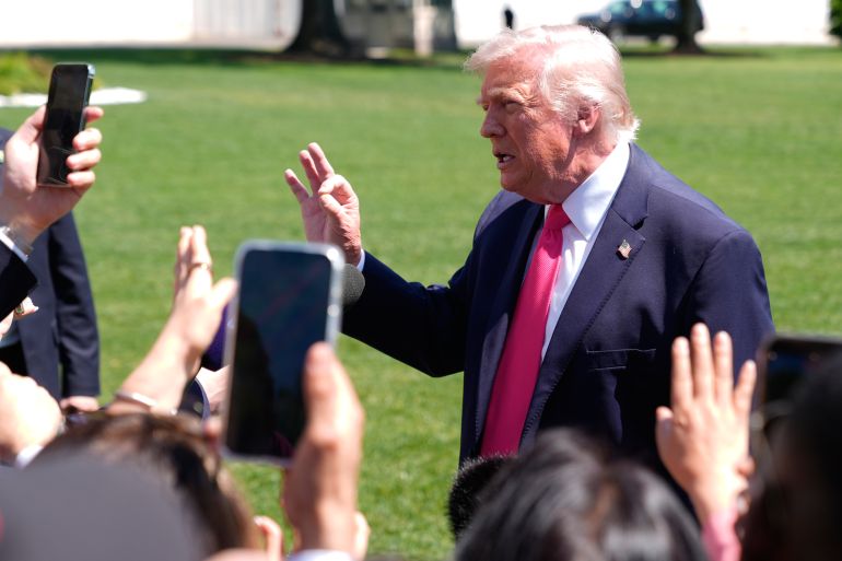 President Donald Trump speaks with reporters before departing on Marine One from the South Lawn of the White House, Thursday, April 16, 2026, in Washington. (AP Photo/Manuel Balce Ceneta)