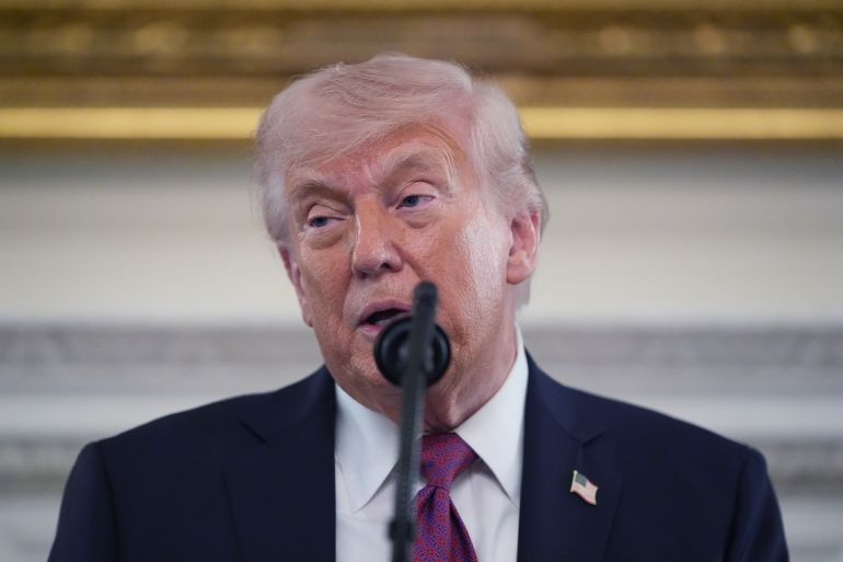 President Donald Trump speaks during an event for NCAA national champions in the State Dining Room of the White House, Tuesday, April 21, 2026, in Washington. (AP Photo/Alex Brandon)