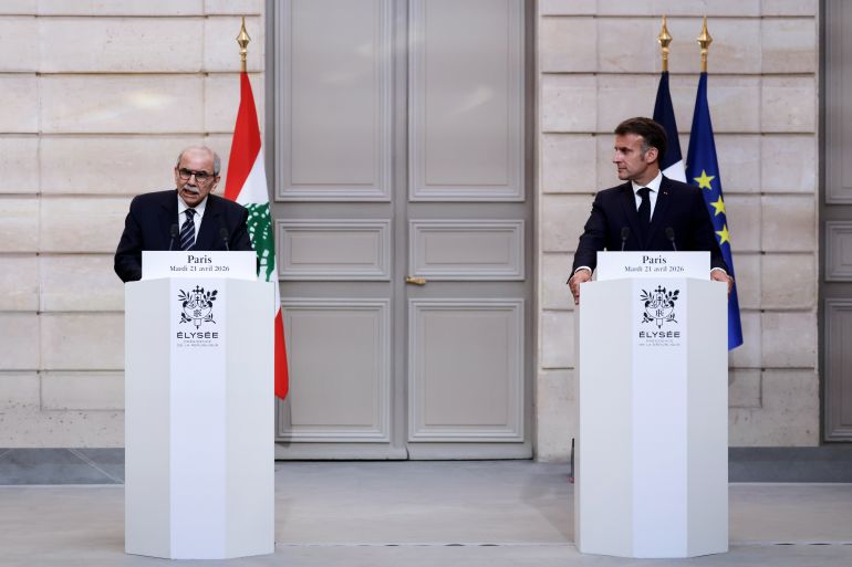 ap_69e93fca25ec4-1776893898 France's President Emmanuel Macron, right, and Lebanon's Prime Minister Nawaf Salam attend a joint declaration press event following their meeting at the Elysee Presidential Palace in Paris, Tuesday, April 21, 2026. (Ludovic Marin/Pool Photo via AP)