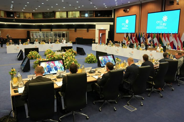 ap_69eb4430b17a4-1777026096 EU leaders attend a roundtable of the EU Summit in Nicosia, Cyprus, Friday, April 24, 2026. (AP Photo/Petros Karadjias)