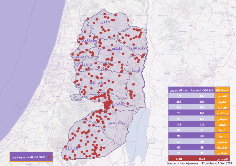 خريطة تظهر نقاط الهدم والتدمير في الضفة الغربية حتى نهاية 2025 ( الجزيرة)