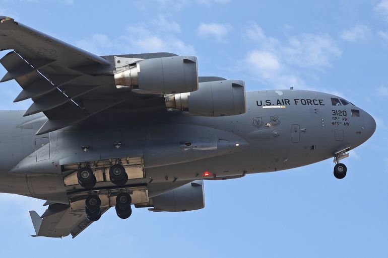 Boeing C-17A Globemaster III, of the US Air Force (USAF), arriving at the Zaragoza military base during the NATO Defender Europe 23 (Swift Response 23) military maneuvers that are held in Zaragoza, between 8 and 14 May 2023. (Photo by Joan Valls/Urbanandsport/Nurphoto)