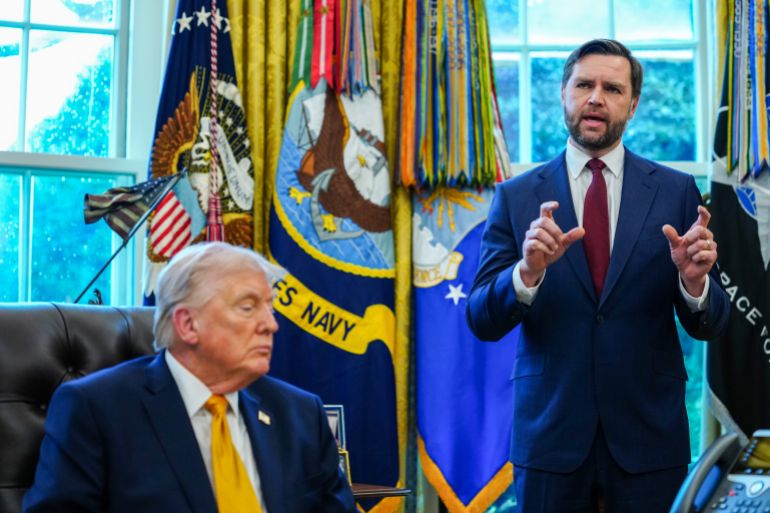epa12826042 US Vice President JD Vance (R) speaks before President Donald Trump signs an executive order in the Oval Office of the White House in Washington, DC, USA, 16 March 2026. The order will formally launch a task force, led by Vance, to investigate fraud nationwide. EPA/AARON SCHWARTZ / POOL