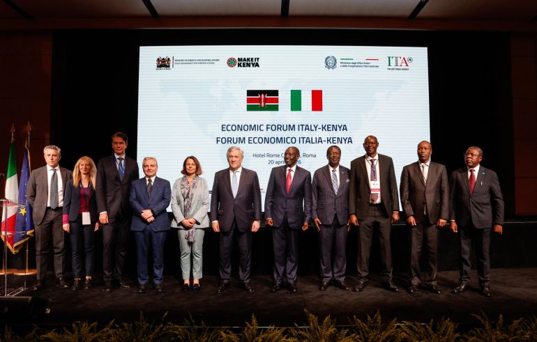 epa12903074 Italy's Minister for Foreign Affairs Antonio Tajani (C-L) and Kenyan President William Ruto (C-R) pos for a family photo with delegations during the Italy–Kenya Business Forum at Hotel Cavalieri Waldorf Astoria, in Rome, Italy, 20 April 2026. EPA/GIUSEPPE LAMI