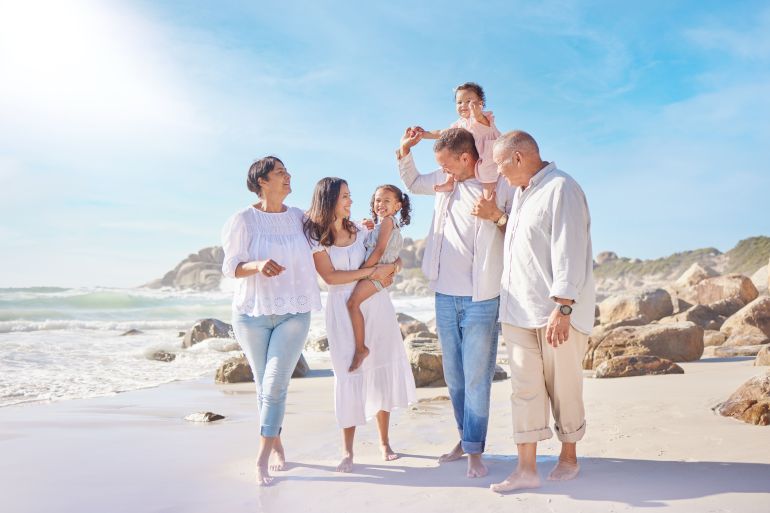 family4-1770210587 Water, big family and outdoor in beach, fun and grandparents in vacation with group and bonding. Sea, woman and man with kids for holiday with senior people, summer and break for children in Canada; Shutterstock ID 2502917273; purchase_order: d; job: ; client: ; other: