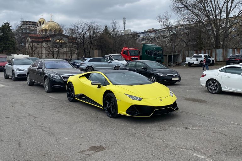 Sofia,Bulgaria - 24th March 2026 : Green Lamborghini Huracan EVO Fluo Capsule super car parked on a parking lot at the city centre