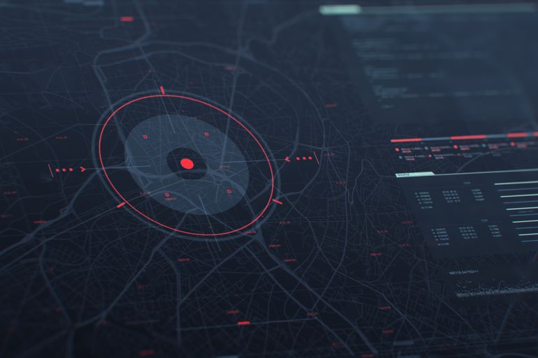 Futuristic security spy program interface. Dynamic modern HUD. GPS location tracking or scanning software. Red marker, indicator on the map. Satellite view. Hi-tech. 3D Render concept illustration