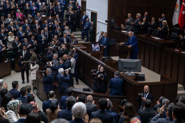 gan-1777473836 ANKARA, TURKIYE - APRIL 29: Turkish President and leader of Justice and Development (AK) Turkish President and Leader of the Justice and Development (AK) Party Recep Tayyip Erdogan makes a speech during his party's group meeting at the Turkish Grand National Assembly in Ankara, Turkiye on April 29, 2026. ( İsmail Aslandağ - Anadolu Agency )