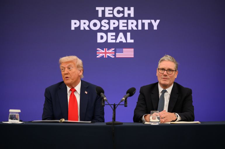 AYLESBURY, ENGLAND - SEPTEMBER 18: (L-R) U.S. President Donald Trump and UK Prime Minister Keir Starmer announce an agreement between the two countries as they hold a press conference conference at Chequers at the conclusion of a state visit on September 18, 2025 in Aylesbury, England. This is the final day of President Trump’s second UK state visit, with the previous one taking place in 2019 during his first presidential term. (Photo by Leon Neal/Getty Images)