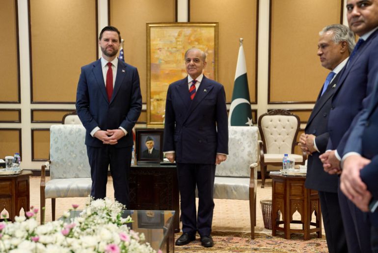 ISLAMABAD, PAKISTAN - APRIL 11: (L-R) U.S. Vice President JD Vance meets with Pakistan's Prime Minister Shehbaz Sharif during their meeting on April 11, 2026 at Islamabad, Pakistan. The proposed meeting marks a rare direct engagement between senior U.S. and Iranian officials, as Washington and Tehran seek to advance stalled negotiations over Iran's nuclear programme, with Pakistan serving as neutral ground amid persistent tensions between the two countries. (Photo by Jacquelyn Martin - Pool/Getty Images)