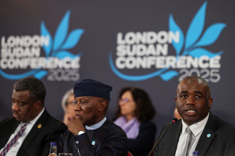 LONDON, ENGLAND - APRIL 15: Political Affairs, Peace and Security Commissioner for the African Union, Bankole Adeoye (C), and Britain's Foreign Secretary, David Lammy (R), attend the London Sudan conference marking the two-year anniversary of the Sudan conflict, at Lancaster House on April 15, 2025 in London, England. UK Foreign Secretary David Lammy is hosting a conference in London with foreign ministers, aid donors, and international institutions to discuss the crisis in Sudan, as the devastating conflict enters its third year. The summit will aim to draw attention to the dire need for humanitarian access and aid, as well as solutions to end to the violent political turmoil plaguing the region. (Photo by Isabel Infantes - WPA Pool/Getty Images)