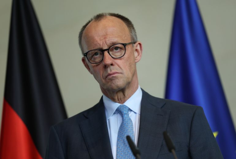 BERLIN, GERMANY - APRIL 16: German Chancellor Friedrich Merz and Irish Taoiseach Micheal Martin (not pictured) speak to the media following talks at the Chancellery on April 16, 2026 in Berlin, Germany. The two leaders discussed both European and bilateral issues. (Photo by Sean Gallup/Getty Images)