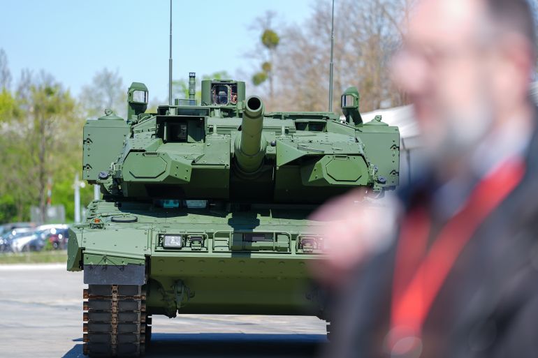 getty_69e9c93d1e-1776929085 MUNICH, GERMANY - APRIL 22: A Leopard 2 tank stands on the KNDS company grounds at the inauguration of the new assembly line for the Boxer armoured fighting vehicle at the KNDS factory on April 22, 2026 in Munich, Germany. The Bundeswehr, the German armed forces, is planning to acquire up to 3,000 Boxer vehicles in several variants as mart of its modernization and expansion program. (Photo by Leonhard Simon/Getty Images)