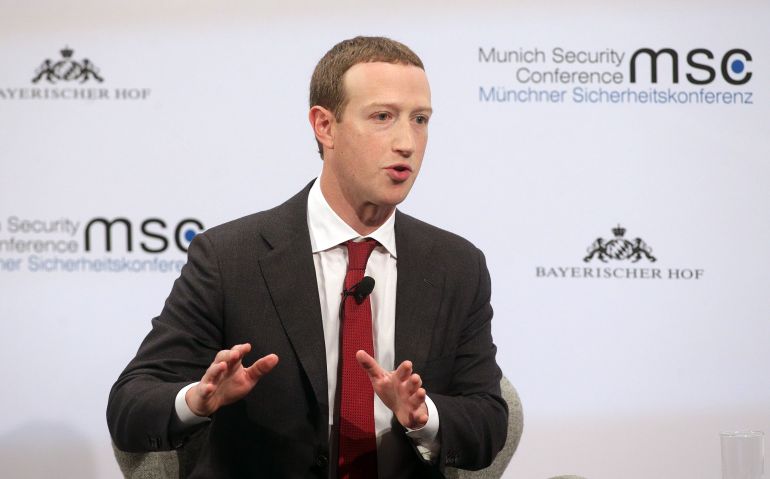 MUNICH, GERMANY - FEBRUARY 15: Facebook founder and CEO Mark Zuckerberg speaks during a panel talk at the 2020 Munich Security Conference (MSC) on February 15, 2020 in Munich, Germany. The annual conference brings together global political, security and business leaders to discuss pressing issues, which this year include climate change, the US commitment to NATO and the spread of disinformation campaigns. (Photo by Johannes Simon/Getty Images)