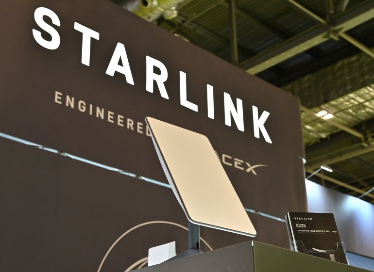 LONDON, ENGLAND - MARCH 28: A Starlink engineered by Spacex is displayed during the Everything Electric London 2024 at ExCel on March 28, 2024 in London, England. Starlink is a satellite internet constellation operated by Starlink Services, the world’s largest constellation of satellites operating in a low orbit around the Earth. The show, designed to inspire people, includes an array of visitor attractions, dozens of 'live sessions' and an exhibition of hundreds of companies, electric vehicles of all types, and a large selection of home energy options. (Photo by John Keeble/Getty Images)