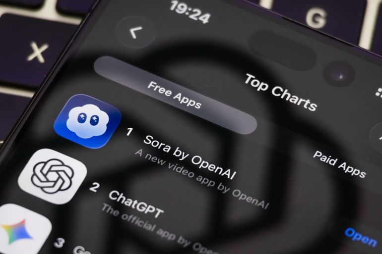 CHONGQING, CHINA - OCTOBER 8: In this photo illustration, a smartphone screen shows Sora by OpenAI ranking first among free apps on the App Store, followed by ChatGPT and Google Gemini, on October 8, 2025, in Chongqing, China. Sora 2 is OpenAI's next-generation generative video model that powers the Sora app, enabling users to create realistic, physics-based video scenes from text prompts. (Photo illustration by Cheng Xin/Getty Images)