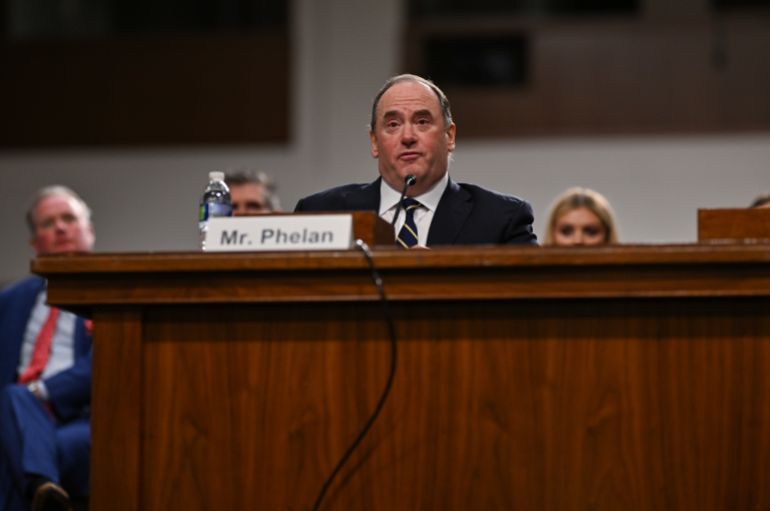 WASHINGTON, DC - FEBRUARY 27: John Phelan, of Florida, to be Secretary of the Navy, testifies before a Senate Armed Services Hearings to examine his nomination at the Dirksen Senate Office Building on February 27, 2025 in Washington, D.C. (Photo by Ricky Carioti/The Washington Post via Getty Images)