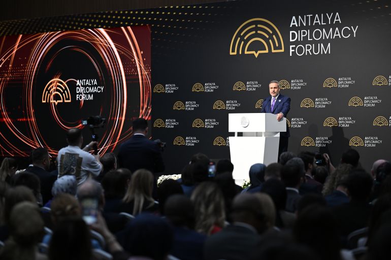 ANTALYA, TURKIYE - APRIL 19: Turkish Foreign Minister Hakan Fidan answers questions from journalists during a press conference at the closing of the Antalya Diplomacy Forum (ADF), held at the NEST Congress Center in the Belek Tourism Region with Anadolu Agency (AA) as the Global Communications Partner, in Antalya, Turkiye, on April 19, 2026. (Photo by Mehmet Ali Ozcan/Anadolu via Getty Images)