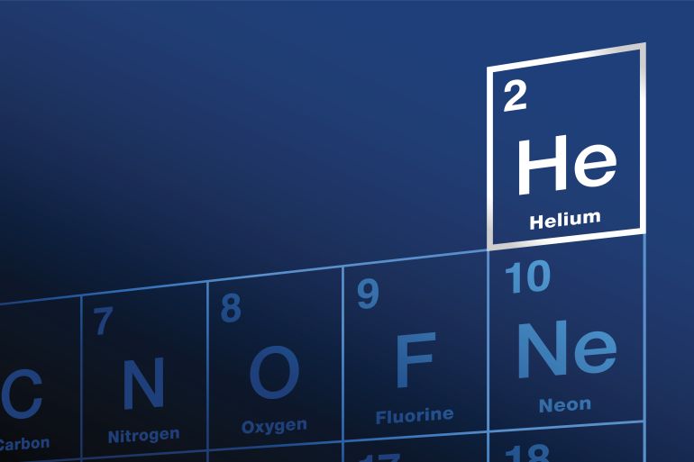 Helium on periodic table of the elements. Chemical element with symbol Al and atomic number 2. Inert, monatomic, noble gas, used as mixing gas for deep diving, for lasers and for scientific purposes.