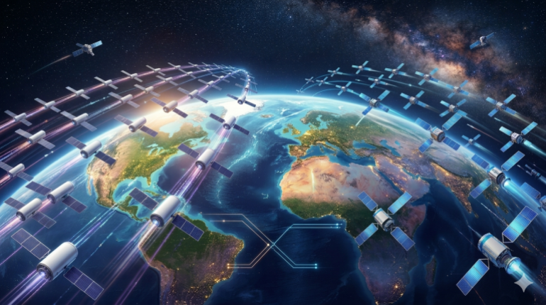 مدار الأرض سيزدحم بأقمار الاتصالات للشركات المتنافسة (مولدة بالذكاء الاصطناعي/الجزيرة نت)