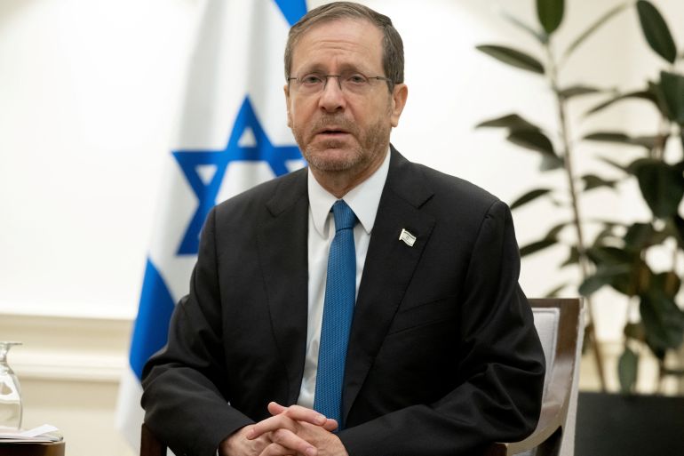 Israel's President Isaac Herzog attends a meeting with the U.S. Secretary of State (not pictured), in Tel Aviv, Israel on November 30, 2023, following the announcement of an extension of the truce between Israel and Hamas just before it was due to expire. SAUL LOEB/Pool via REUTERS