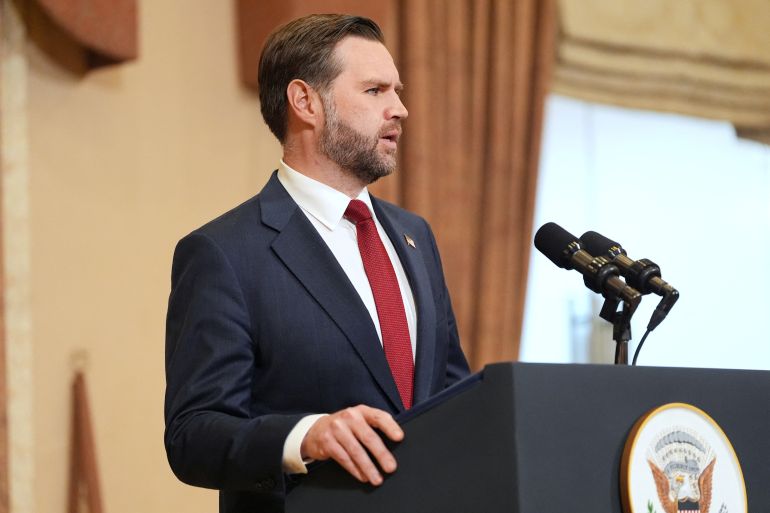 U.S. Vice President JD Vance speaks during a news conference after meeting with representatives from Pakistan and Iran, Sunday, April 12, 2026, in Islamabad, Pakistan. Jacquelyn Martin/Pool via REUTERS