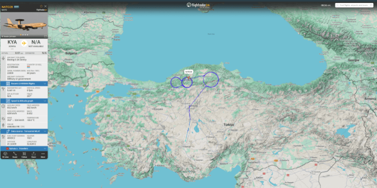بيانات ملاحية لطائرة إنذار مبكر تابعة للناتو على السواحل التركية على البحر الأسود (فلايت رادار)