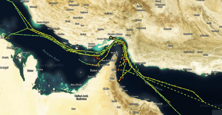 map-2-1775547021 بيانات ملاحية تكشف خط سير السفن في مضيق هرمز (مارين ترافيك)