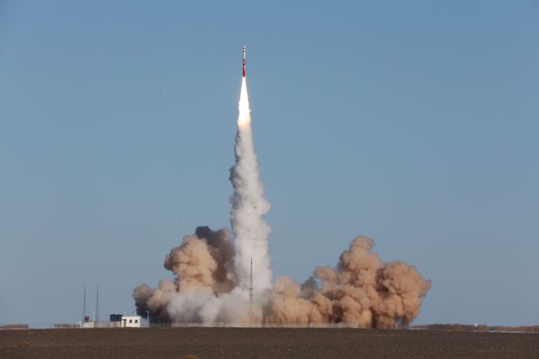 Zhuque-1, a privately developed Chinese carrier rocket by Beijing-based Landspace, lifts off from the launch pad at Jiuquan Satellite Launch Center in Gansu province, China October 27, 2018. Picture taken October 27, 2018. REUTERS/Stringer ATTENTION EDITORS - THIS IMAGE WAS PROVIDED BY A THIRD PARTY. CHINA OUT.