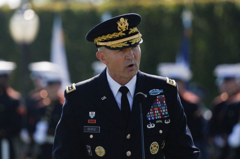 FILE PHOTO: General Randy George, Chief of Staff of the U.S. Army speaks during a ceremony honoring prisoners of war, at the Pentagon in Washington, D.C. U.S., September 19, 2025. REUTERS/Daniel Becerril/File Photo