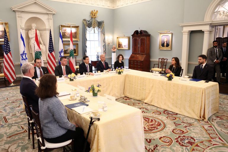 U.S. Secretary of State Marco Rubio meets with Israeli Ambassador to the United States Yechiel Leiter and Lebanese Ambassador to the United States Nada Hamadeh Moawad at the State Department in Washington, D.C., U.S., April 14, 2026. REUTERS/Kevin Lamarque