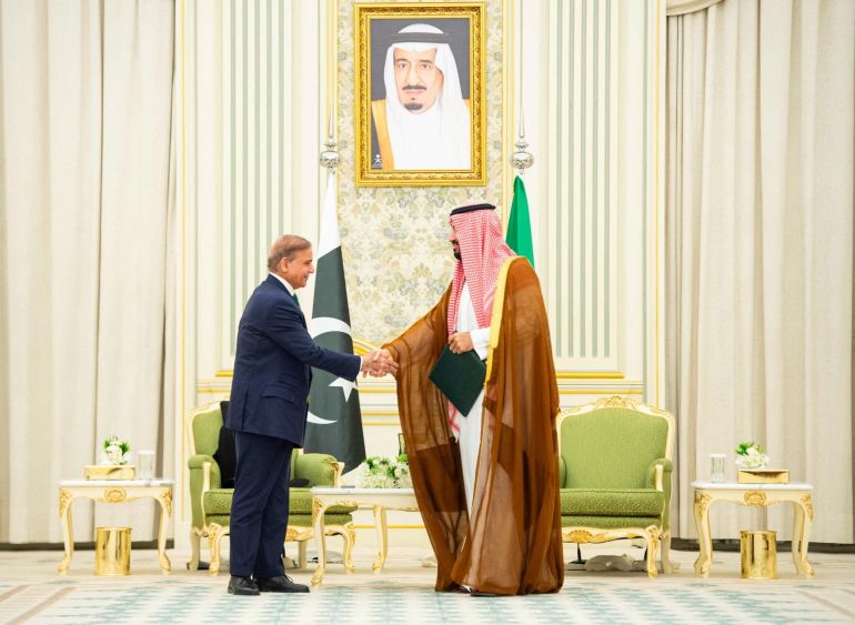 Saudi Crown Prince Mohammed bin Salman and Pakistan Prime Minister Shehbaz Sharif shake hands in Riyadh, Saudi Arabia, September 17, 2025. Saudi Press Agency/Handout via REUTERS THIS IMAGE HAS BEEN SUPPLIED BY A THIRD PARTY.