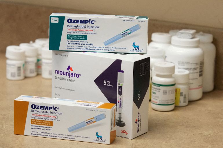 FILE PHOTO: Boxes of Ozempic and Mounjaro, semaglutide and tirzepatide injection drugs used for treating type 2 diabetes and made by Novo Nordisk and Lilly, is seen at a Rock Canyon Pharmacy in Provo, Utah, U.S. March 29, 2023. REUTERS/George Frey/File Photo