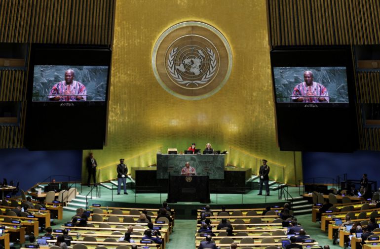 FILE PHOTO: Ghana's President John Dramani Mahama addresses the 80th United Nations General Assembly (UNGA), at the U.N. headquarters in New York, U.S., September 25, 2025. REUTERS/Jeenah Moon/File Photo
